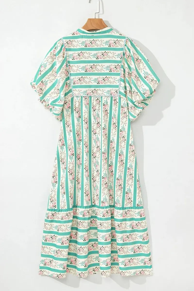 Striped Floral Print Tie Neck Puff Sleeve Midi Dress For Women - Love Salve